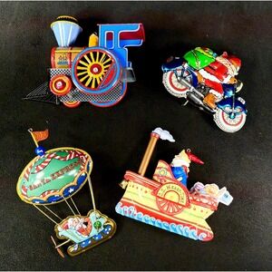 Hallmark‎ Vintage Tin Ornaments Lot of 4, Motorcycle, Locomotive, Ship, Balloon
